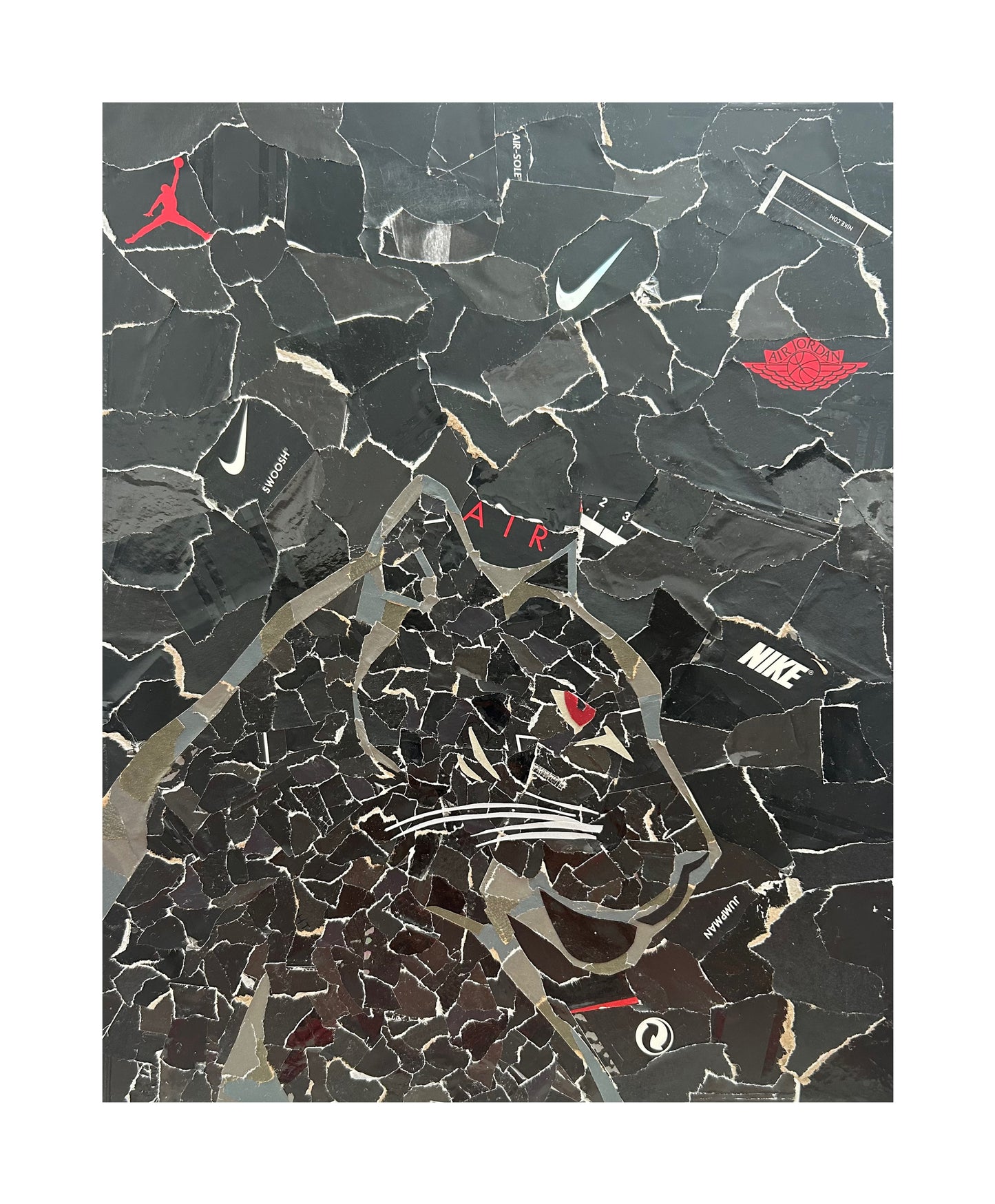 One-of-one mixed media sneaker box artwork by Rare23 inspired by stealth Black Cat themes and dark textured composition