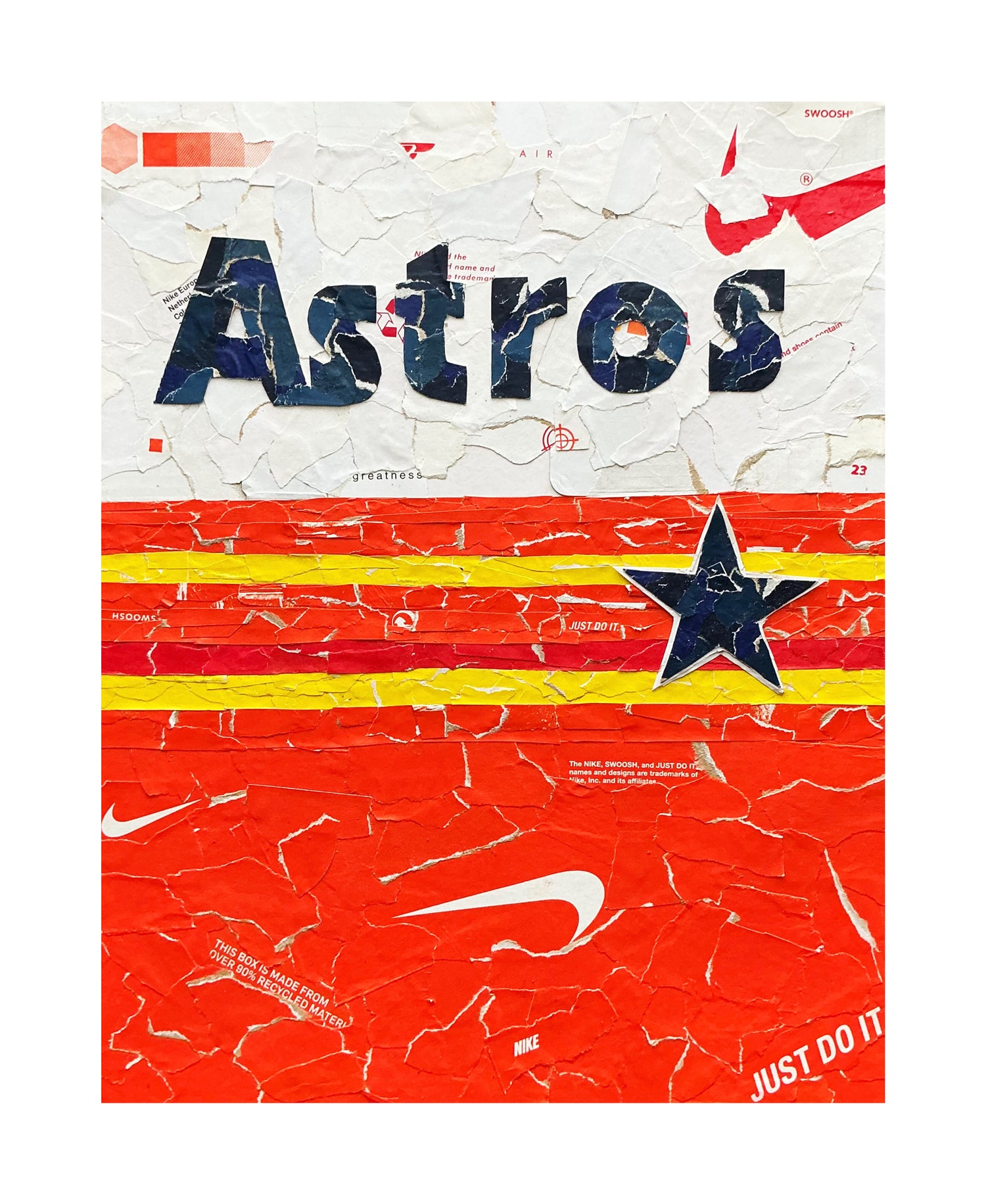 One-of-one Houston-inspired sneaker box artwork by Rare23 honoring Astros legacy through textured mixed media design