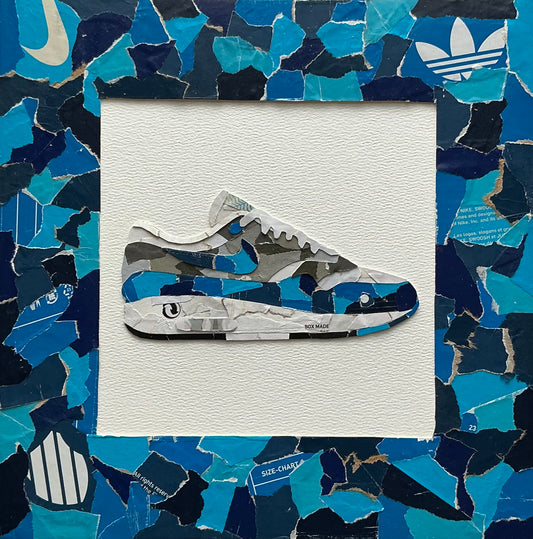 Mini one-of-one sneaker box artwork by Rare23 inspired by Air Max 1 Royal with classic blue-toned layered texture design
