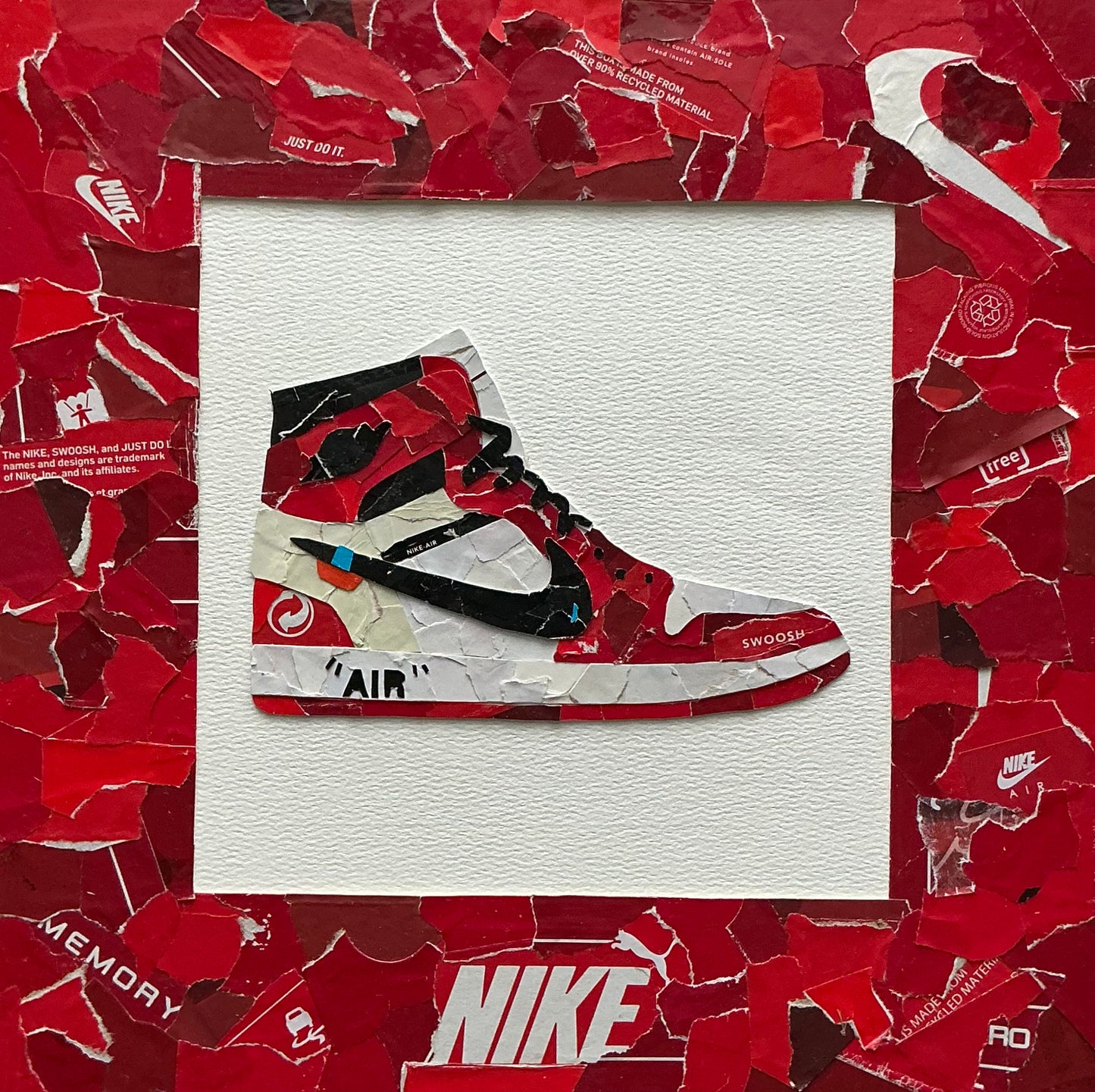Mini one-of-one sneaker box artwork by Rare23 inspired by Jordan 1 Off-White Chicago with detailed textured layering