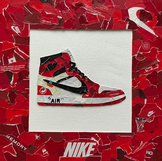Mini one-of-one sneaker box artwork by Rare23 inspired by Jordan 1 Off-White Chicago with detailed textured layering