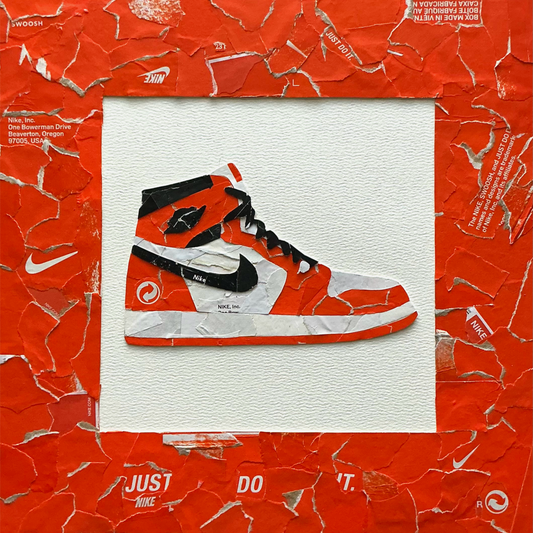 Mini one-of-one sneaker box artwork by Rare23 inspired by Shattered Backboard Jordan 1 with bold orange texture accents