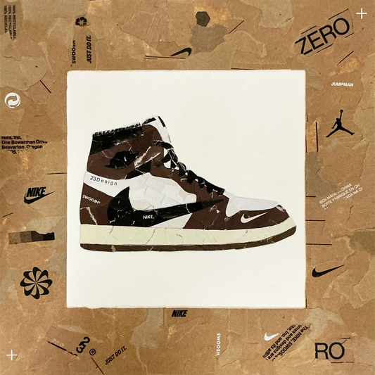 Mini one-of-one sneaker box artwork by Rare23 inspired by Travis Scott Jordan 1 Mocha with earthy textured tones