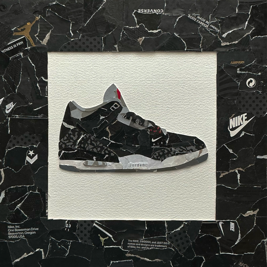 Mini one-of-one sneaker box artwork by Rare23 inspired by Jordan 3 Black Cement with gritty textured material design
