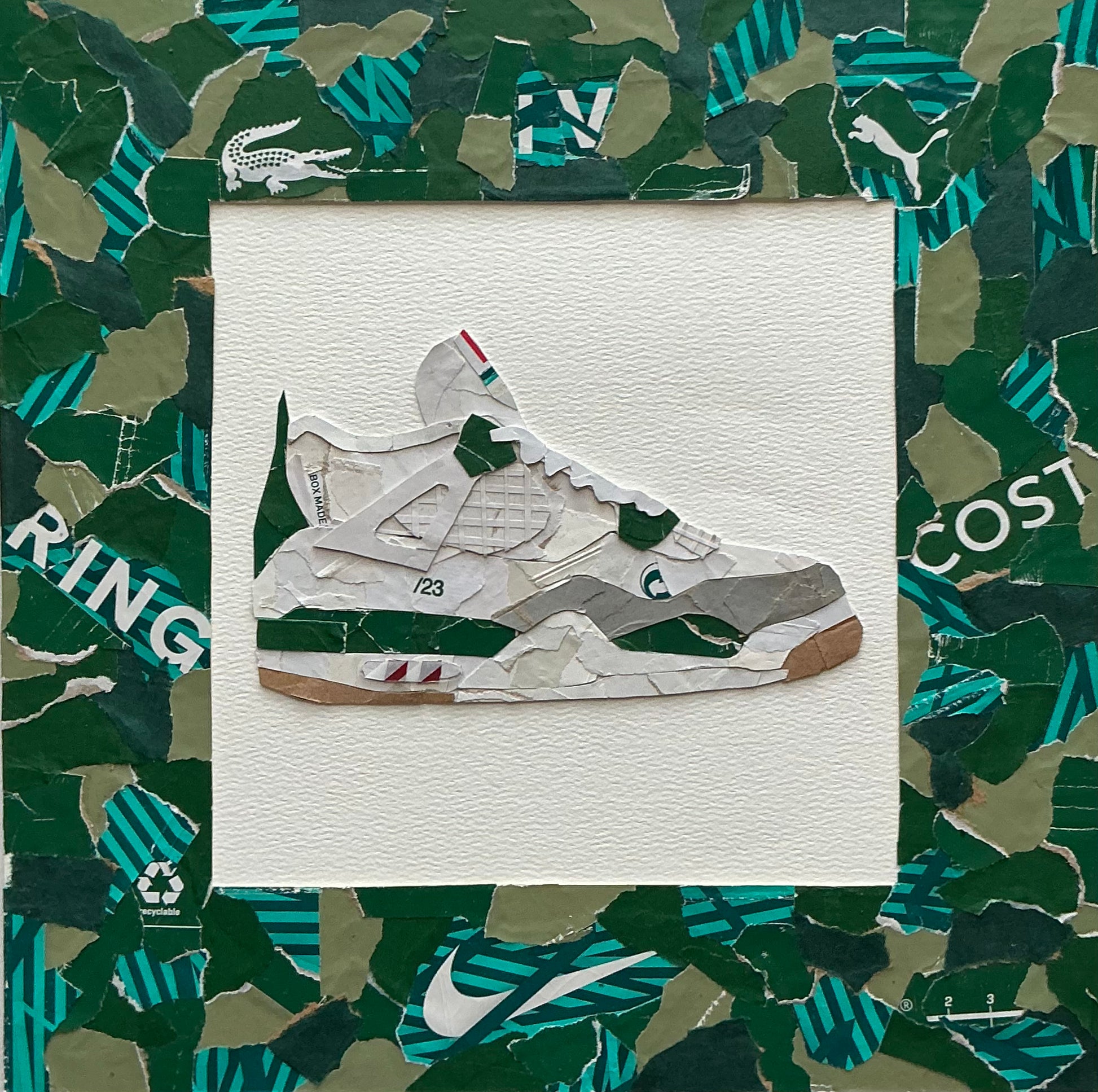 Mini one-of-one sneaker box artwork by Rare23 inspired by Jordan 4 SB Pine Green with layered green-toned textures.
