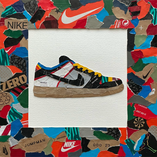 Mini one-of-one sneaker box artwork by Rare23 inspired by Nike Dunk SB What the Paul with colorful mixed media textures