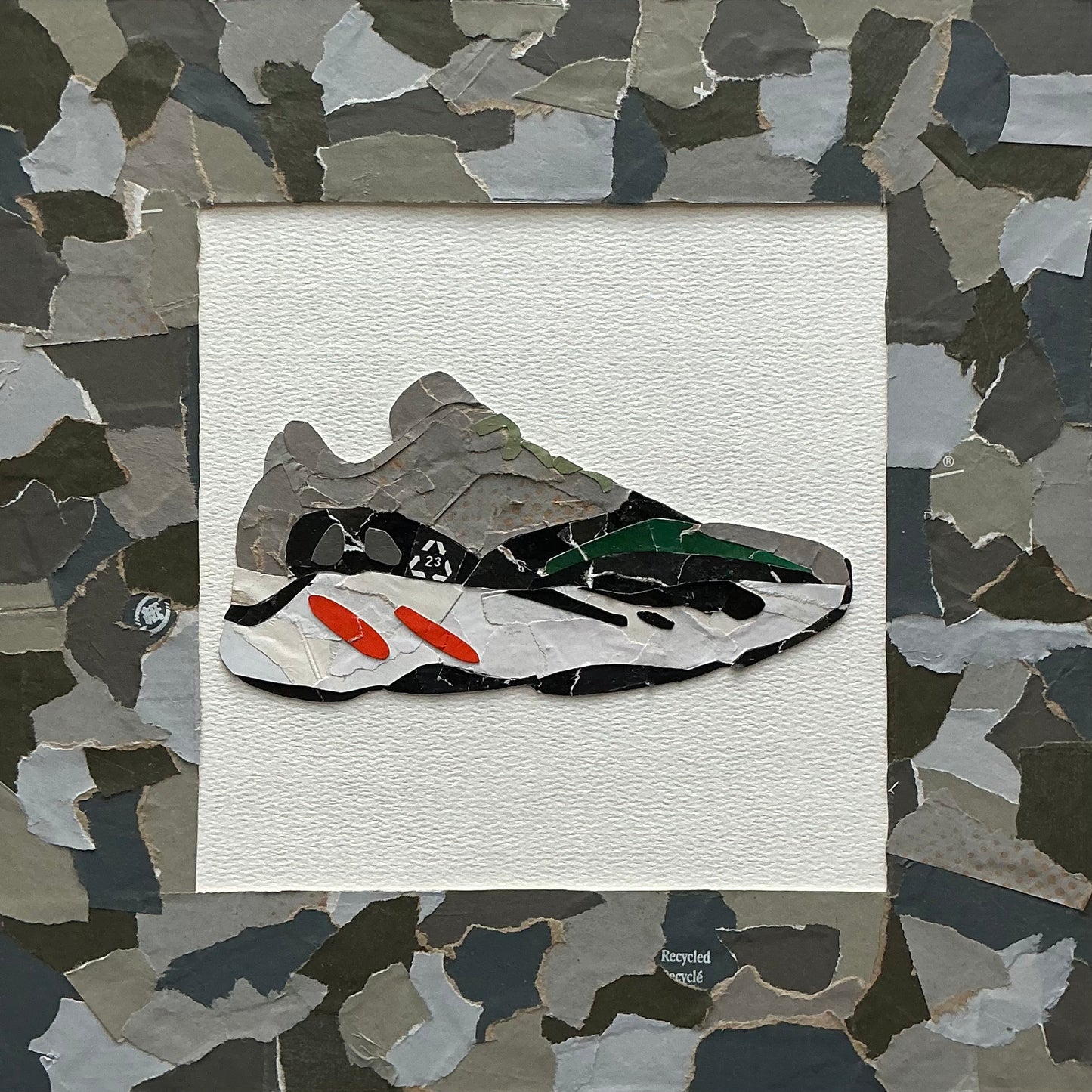 Mini one-of-one sneaker box artwork by Rare23 inspired by Yeezy 700 Wave Runner with multi-tone textured reconstruction