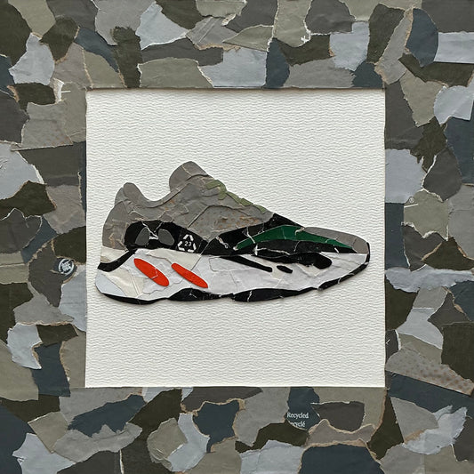 Mini one-of-one sneaker box artwork by Rare23 inspired by Yeezy 700 Wave Runner with multi-tone textured reconstruction