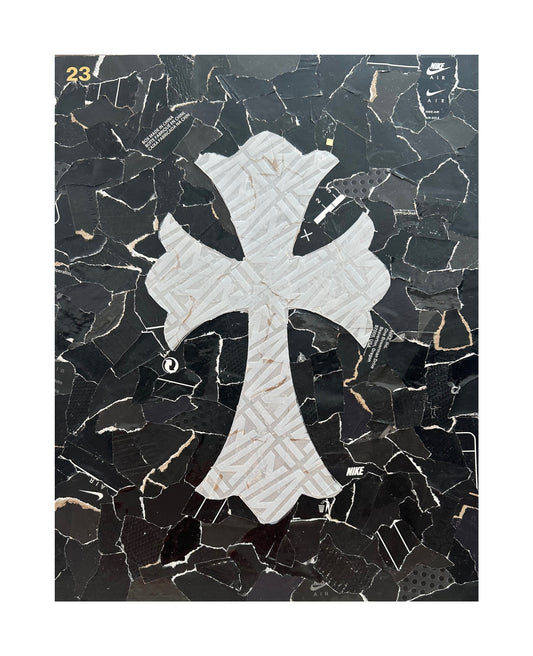 One-of-one mixed media artwork by Rare23 exploring transformation through color distortion and layered sneaker box textures