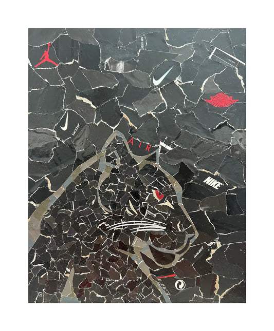 One-of-one mixed media sneaker box artwork by Rare23 inspired by stealth Black Cat themes and dark textured composition