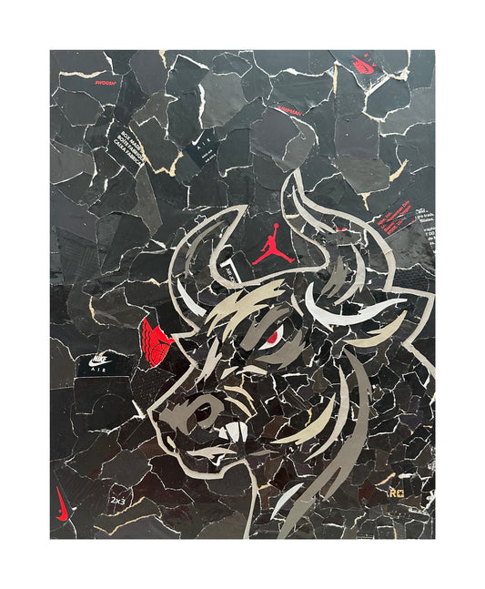 One-of-one textured sneaker box artwork by Rare23 inspired by Chicago Bulls legacy and subtle layered visual storytelling