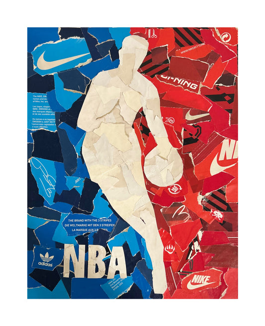 One-of-one athletic legacy artwork by Rare23 blending sneaker box materials with elite sports-inspired visual storytelling