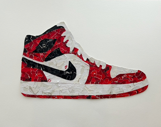 One-of-one sneaker box art by Rare23 inspired by Chicago 1s, blending bold red, black, and white textured reconstruction