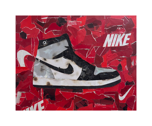 One-of-one mixed media sneaker box artwork by Rare23 inspired by reconstructed Silver Toe 1s with layered texture and metallic tones.