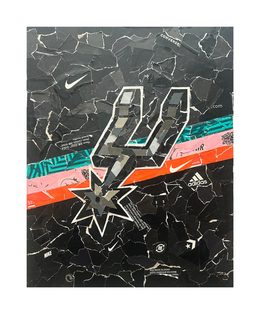 One-of-one textured sports artwork by Rare23 inspired by San Antonio Spurs legacy and deconstructed sneaker box materials